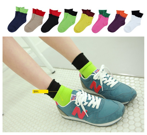 100% cotton faux two piece candy color socks women roll-up hem sock color block decoration pile of pile of socks