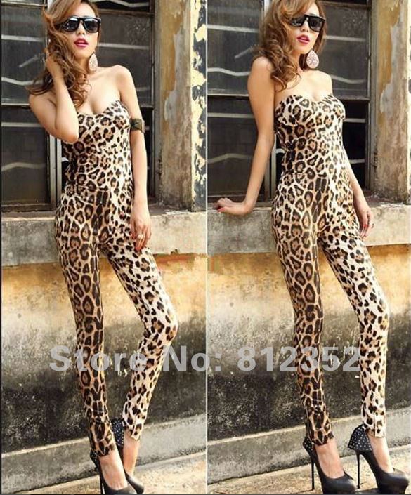 2012 Fashion Sexy Sleeveless Romper Long Jumpsuits Leopard Scoop Romper Women Jumpsuit Free Shipping