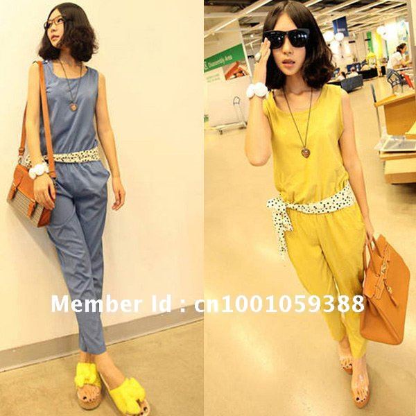 2012 Hot Sale NWT Women's Jumpsuits Belted Yellow / Dark Blue Stylish High Quality Summer Jumpsuits