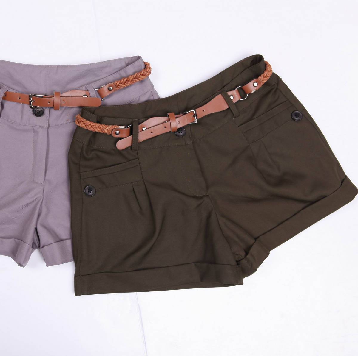 2012 mid waist solid color slim shorts female belt
