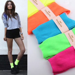 2012 multicolour neon candy color socks knee-high 100% cotton pile of sport socks for women winter