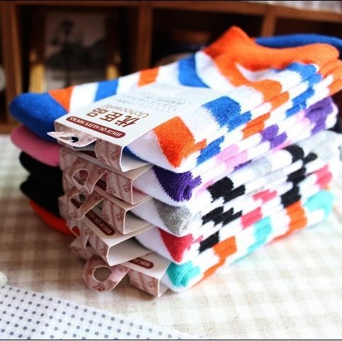 2012 New Arrival Brand New candy color stripe  women 100% cotton tube socks  12 pairs/lot Free Shipping A255