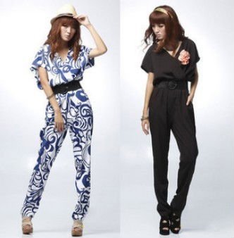 2012 new autumn hot sell women vintage style Blue and white porcelain Loose Casual Floral Thinning Jumpsuits Trousers LJ062