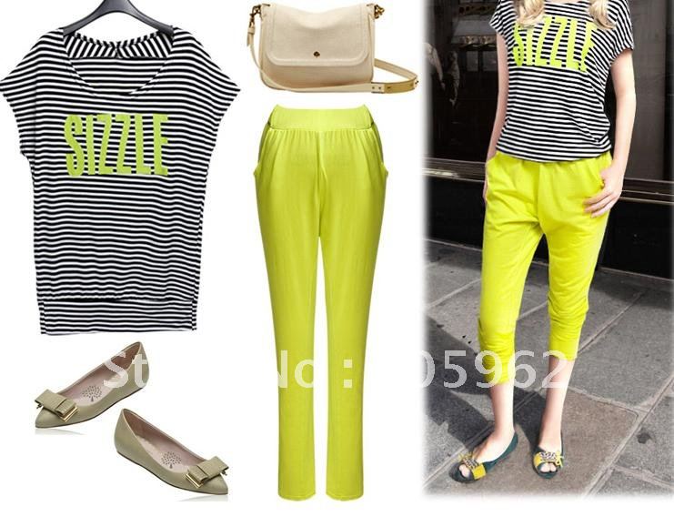 2012 new fashion women clothing sets, streets influx of goods Letters stripes T-Shirt + Fluorescence pants