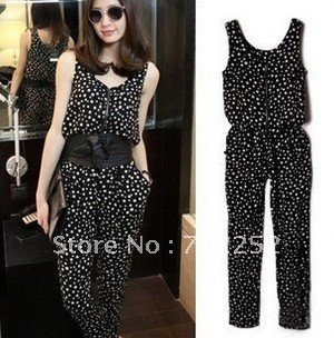 2012 New Fashion Women Dot Pattern Casual Jumpsuits Sashes & Chain Decoration Regular Harem Rompers Black Free Shipping120720#2