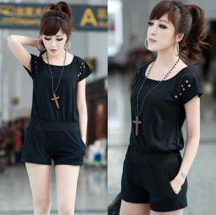2012 Summer O-Neck Cotta Jumpsuit Lady Black Average Size Korea Version Cotton Fabrics Soft Women Garment Free Shipping