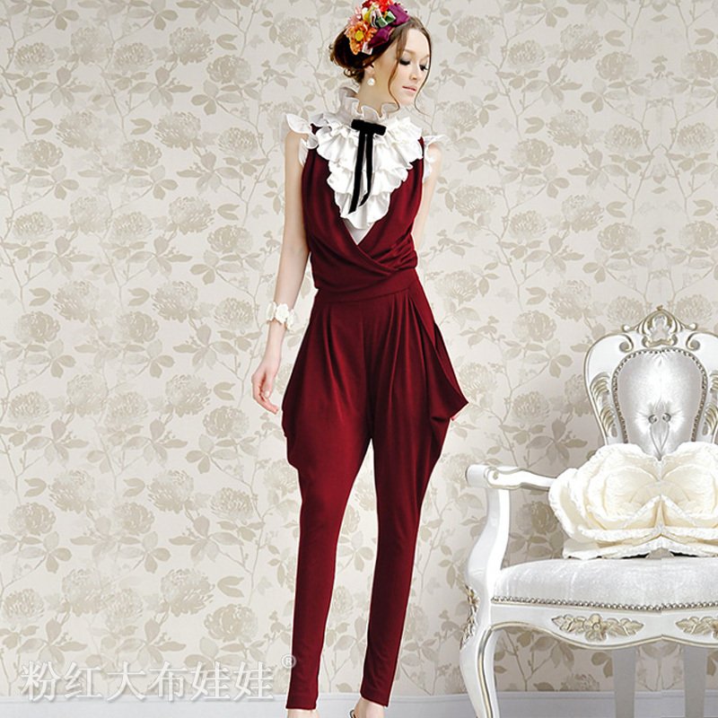 2012 summer V-neck claretred vest one piece women's trousers,Jumpsuits