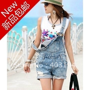 2012 women light color denim suspenders shorts fresh summer bib pants plus size jumpsuit bib overall