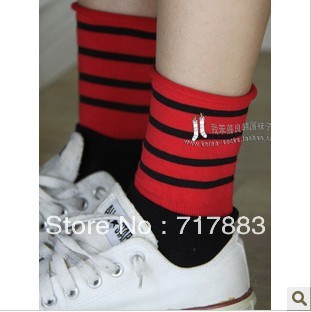 2013 FASHION stripe roll-up hem candy color pile of pile of socks 100% cotton Ladies socks,free shipping,10pairs/lot