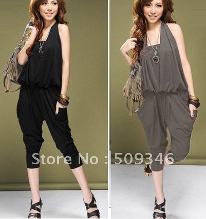 2013 Fashion Women Ladies Casual Romper 3/4 Jumpsuits Summer Sleeveless Halter Solid Black Navy Blue Grey Free Shipping