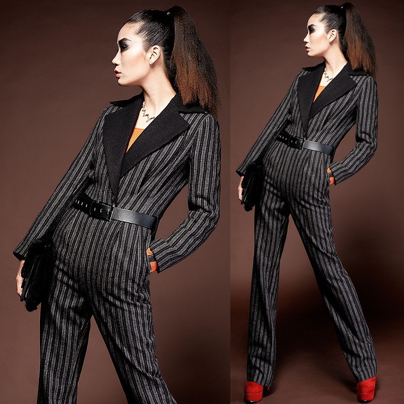2013 spring fashion womens woolen striped jumpsuit femeal elegant formal wool roompers trousers long sleeve straight pants