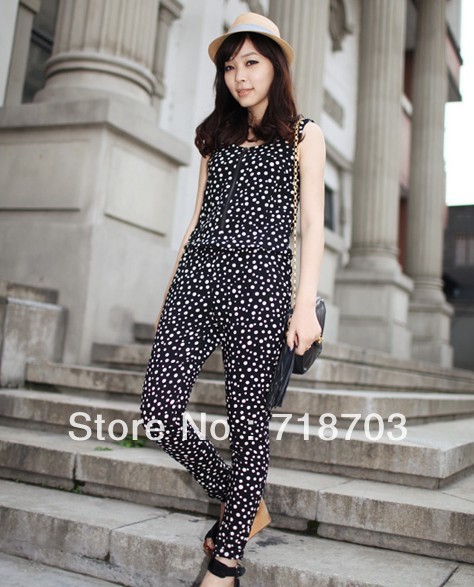 2013 spring new European and American original single wave point of retro zipper vest conjoined pants jumpsuit long pants