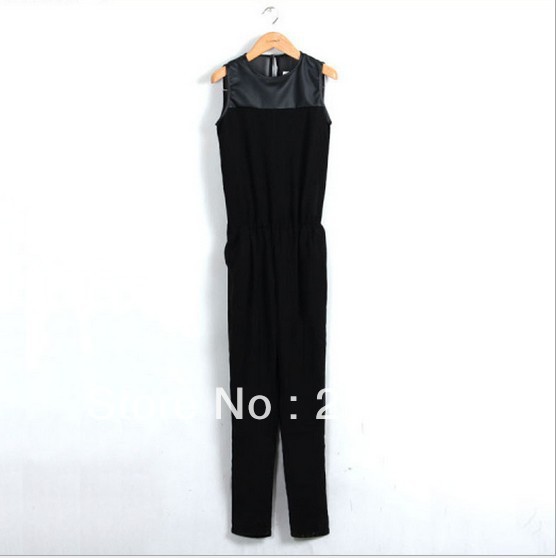 2013 Spring New Women's Black Leather and Chiffon Patchwork Jumpsuits Rompers Vintage Fashion Free Shipping S/M/L Wholesale