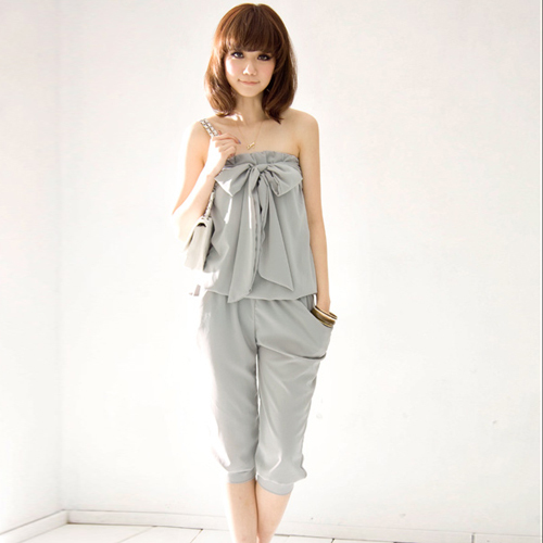 2013 Spring summer new fashion chiffon bow boat neck gray jumpsuit for women M L Free shipping jr01