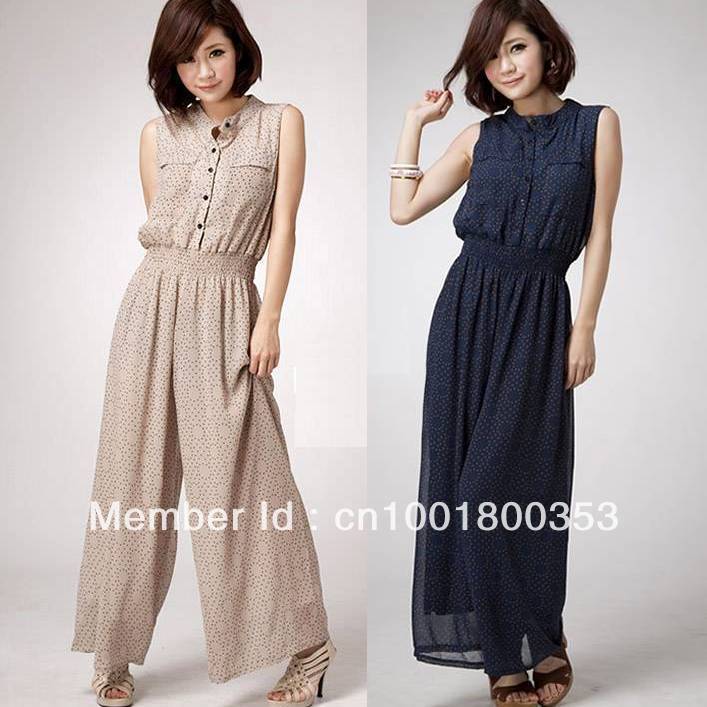 2013 summer fashion women new little printing breasted large size waist chiffon overall jumpsuit pants 2 colors W3467