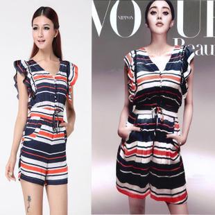 2013 Summer the brand new Jumpsuit for women,Luxury casual color striped V collar Siamese short trousers