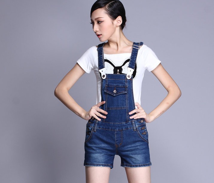 2013 Summer Top Fashion Demin Blue Mid Waist Cotton Braces Straight Shorts For Women Free Shipping 48xz