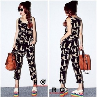 2013 Summer Women's Fashion Animal Print Gold Small Leopard Black Jumpsuit Overalls For Women