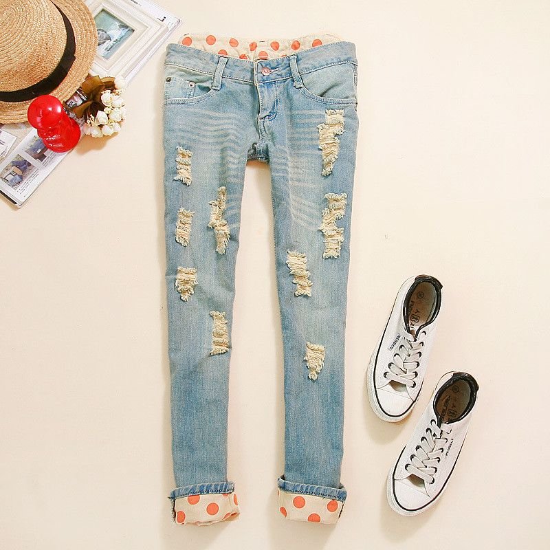 3,750 Korean women's fashion spring/summer 2012 new wave tide of flanging pants of nine holes in jeans women