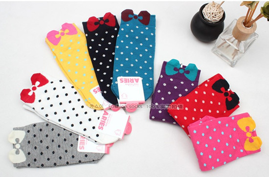3packs/lot colourful spot cotton boat socks,Korean women cute stockings,novelty bowknot socks A002