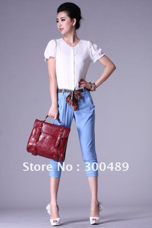 Bead short sleeve shirt and Siamese trousers color white with black blue with white