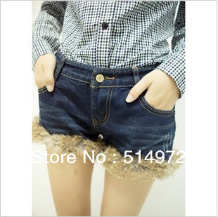 Best selling!!New fashion Real rabbit fur patchwork women short pants turnup ladies jeans pants female scanties free shipping