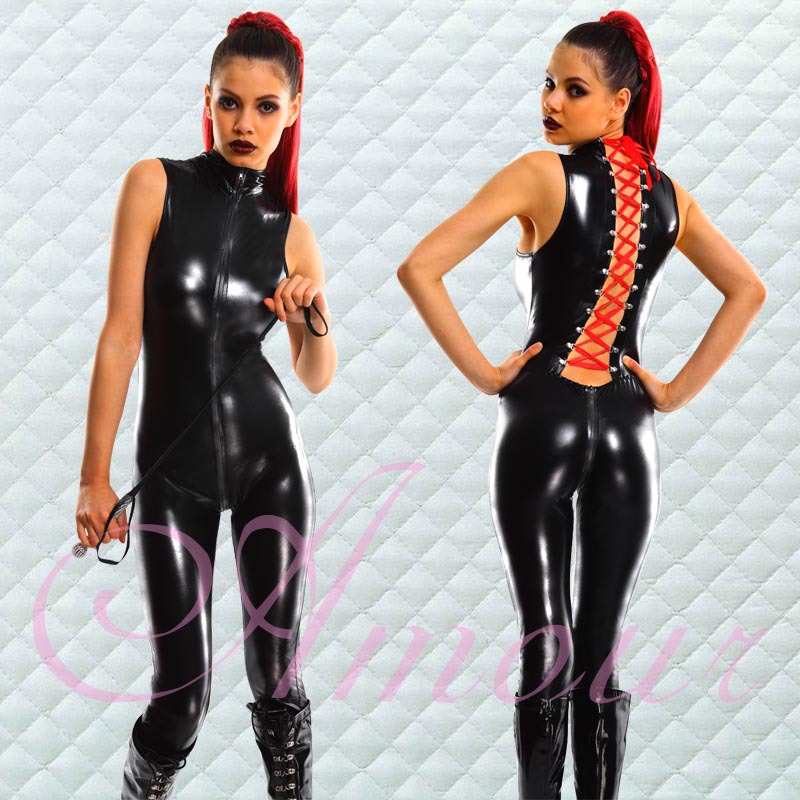 Black Gothic Punk Wetlook Back to Front Zipper Lace Up Back Catsuit Romper Teddy Free Shipping @P7036