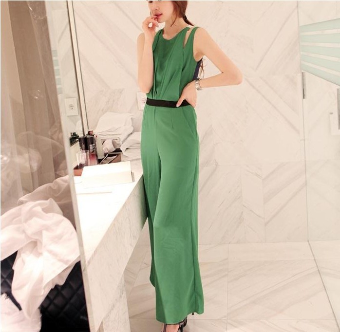 Cheap Plus Size Overall Sleeveless Ladies Romper Jumpsuit Green Wide Leg Jumpsuit Women Summer Jumpsuits and Rompers Color Block