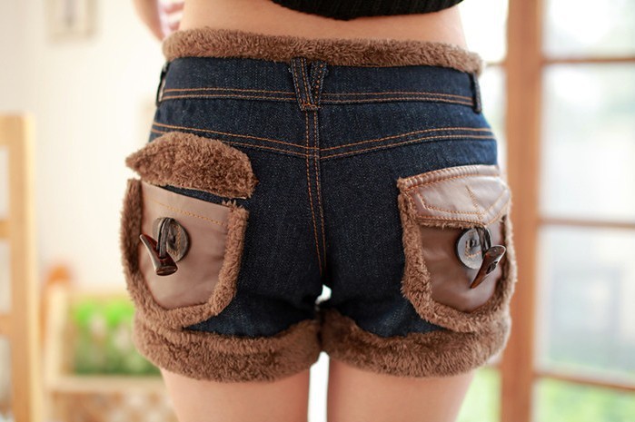 Denim shorts,women's jeans shorts with berber fleece and horns,fashion,bootcut,Free Shipping