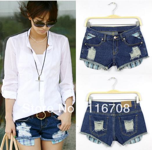 Drop shipping 2013 spring and summer new arrival women's hole stripe unbackfilled pocket slim denim shorts st-074