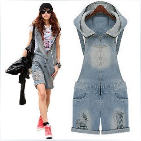 EU 2013 spring summer new Vintage fashion Women Freedom style denim Hoodie Jumpsuits/Hole and Hoodie jean plus size jumpsuit