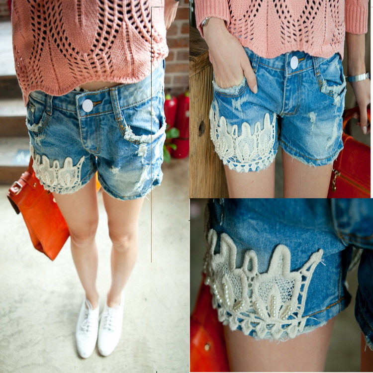 Fashion casual 2012 new arrival exquisite handmade embroidered beading women denim shorts free shipping