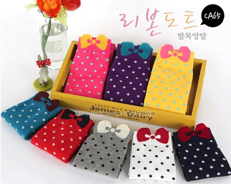 Fashion Korea Style Bowknot Polka Dot Pattern Women's Ladies Breathing Cotton Socks,30 Pair/Lot+Free shipping