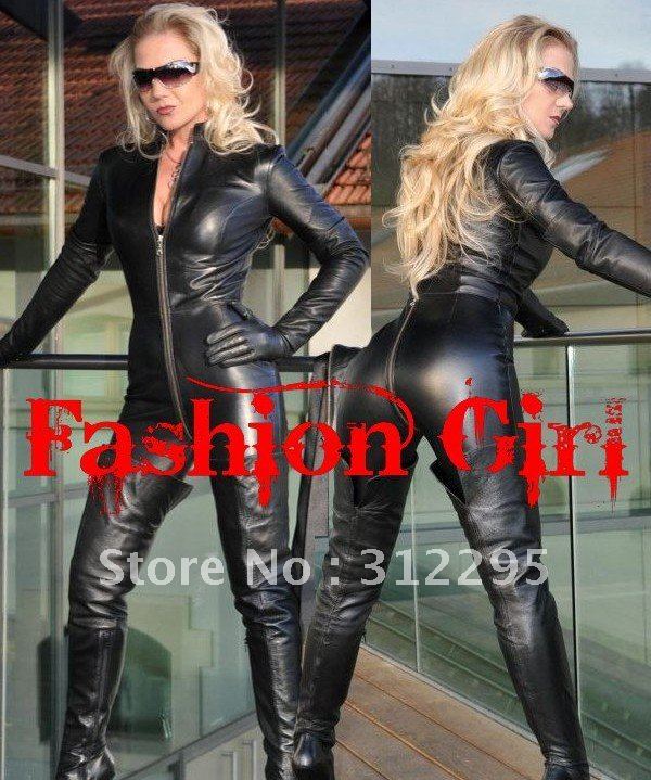 Fashion Star Gaga Style Tight DS Solid Black Faux Leather Sexy Women Jumpsuits Rompers,High Qualtiy!