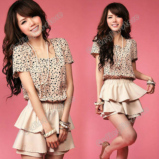 Fashion Summer Women's Ladies Short Sleeve Falbala Casual Dots Polka Mini Dress Tops Blouses Rompers Jumpsuit Free Shipping 0537
