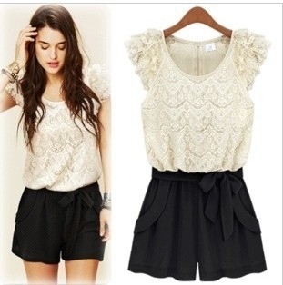 fashion the zipper round neck lace stitching Rompers skirt