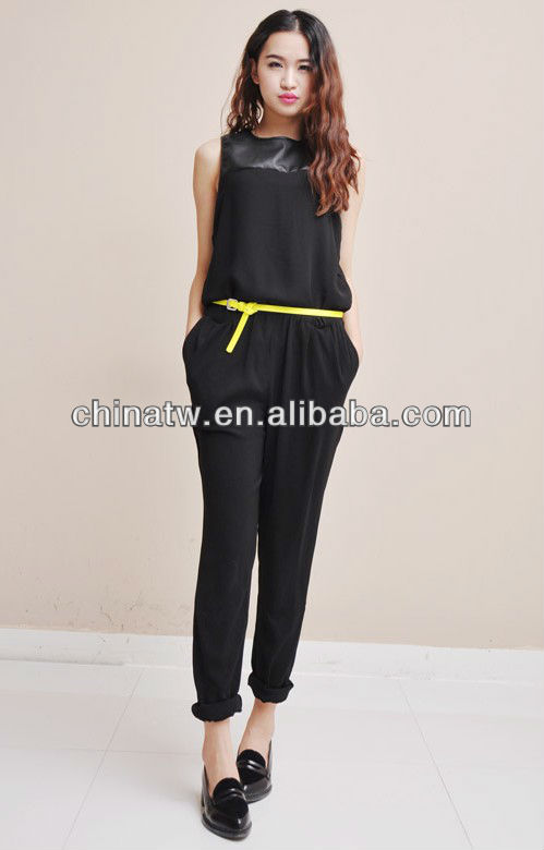 fc0607 Chiffion Jumpsuit Europe Sleeveless Design New Transparent Black Pocket Free Shipping