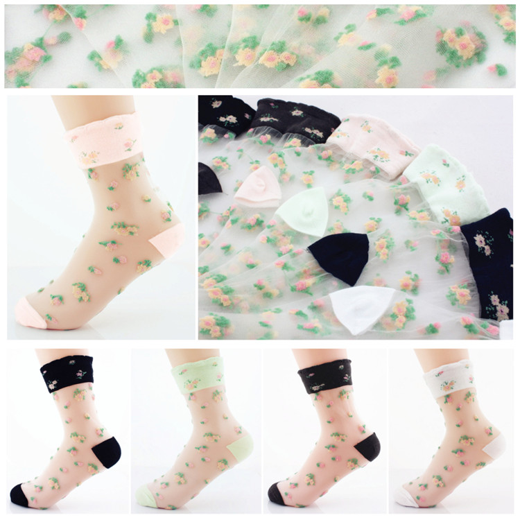 Flower fresh crystal transparent glass stockings laciness sock socks