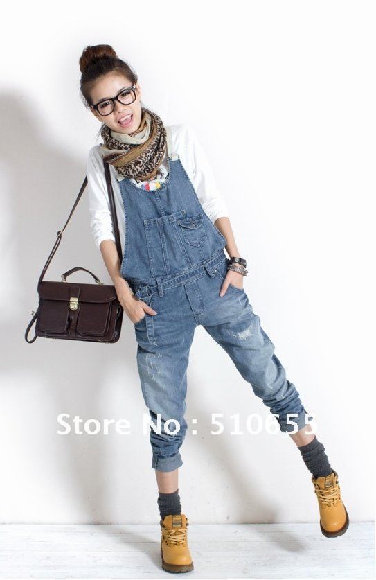 Free Shipping / 2012 new arrived women jeans / Korea jumpsuits / lady's suspenders skirt  / worn-out / S/M/L/  wholesale