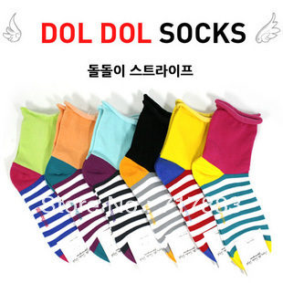 Free shipping 2013 fashion candy color stripe patchwork roll-up hem socks/korea casual ladies socks,new arrival