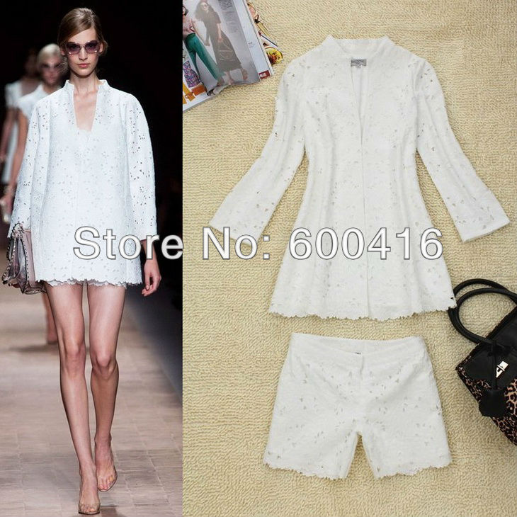 Free Shipping 2013 New Arrival Long Sleeve Exquisite Hollow out Cotton suit (tops + shorts)  for women 121114XB04
