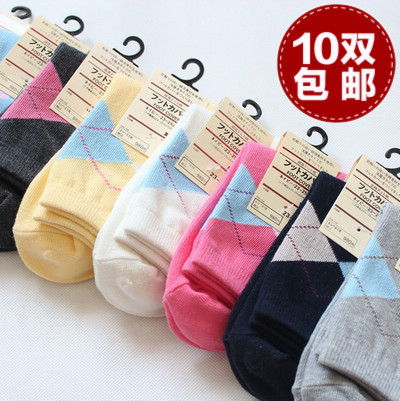 free shipping!2013 new Female socks female knee-high dimond plaid spring and autumn thick 100% cotton!Hot sale