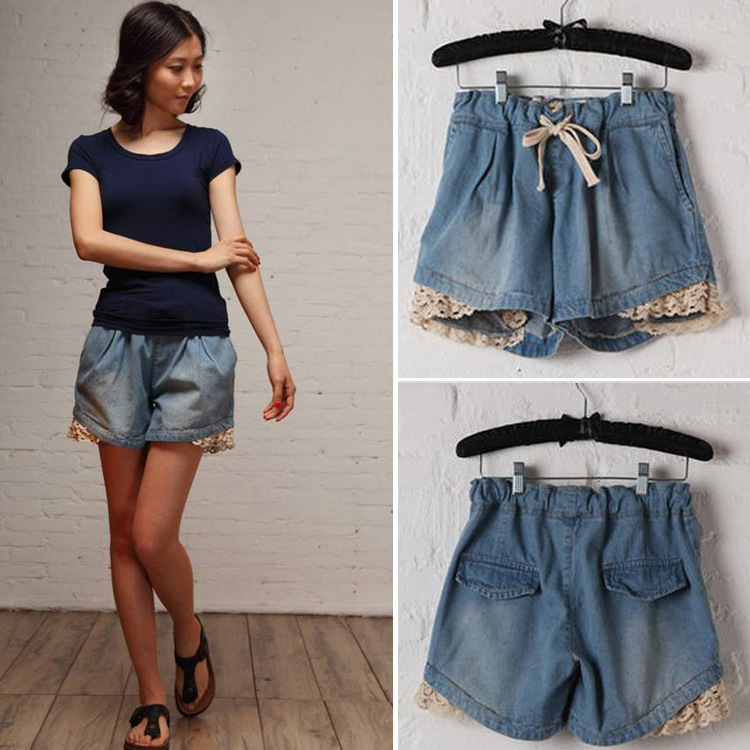 Free shipping 2013 new Hot casual lace denim shorts women short pants jeans loose