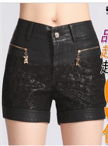 Free Shipping  2013 new Korean Lace Slim code winter women PU leather shorts