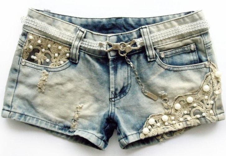 Free shipping 2013 New Low Waist Lace Beading Hole Denim Shorts/Short pants Wholesale
