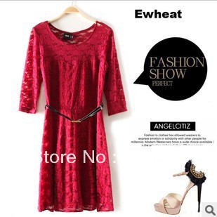 Free Shipping 2013 spring new star most love cuff round neck slim lace dress get belts