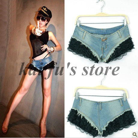 Free shipping 2013 Summer Fashion Ultra-low-waisted Denim Shorts Patchwork Lace Paragraph Sexy Slim Jeans Short Beach For Women