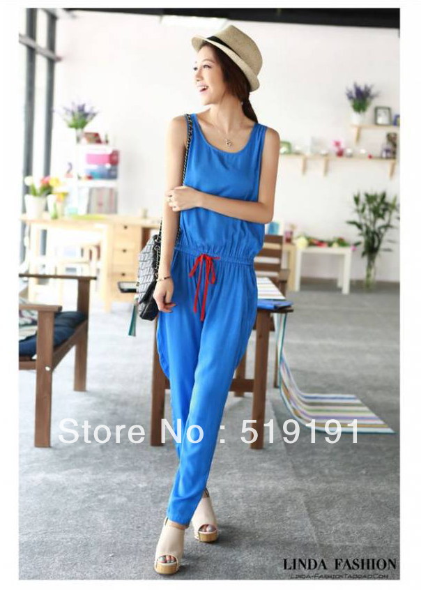 Free shipping 2013 western style slim sleeveless jumpsuit with zipper overall,long jumpsuit,candy color jumpsuit harem pants/M L