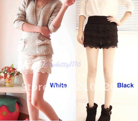 Free Shipping 2pcs/lot Sweet Lace Stretchy Tiered Short Skirt Under Safety Pants Shorts WT/BK
