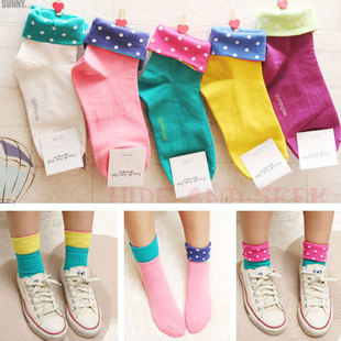 Free Shipping A233 Novelty 10 pairs/lot Stub Ends Candy Color Dots 100% Cotton Socks Roll Up Hem Women's Sock Wholesale